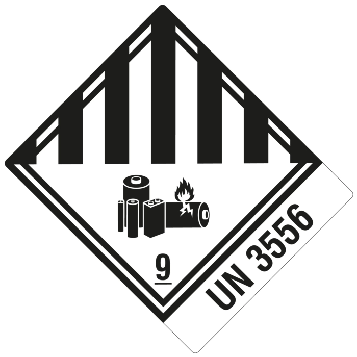 Gevaarsetiket 9A met batterijen in het onderste vlak en daarnaast het opschrift UN 3556